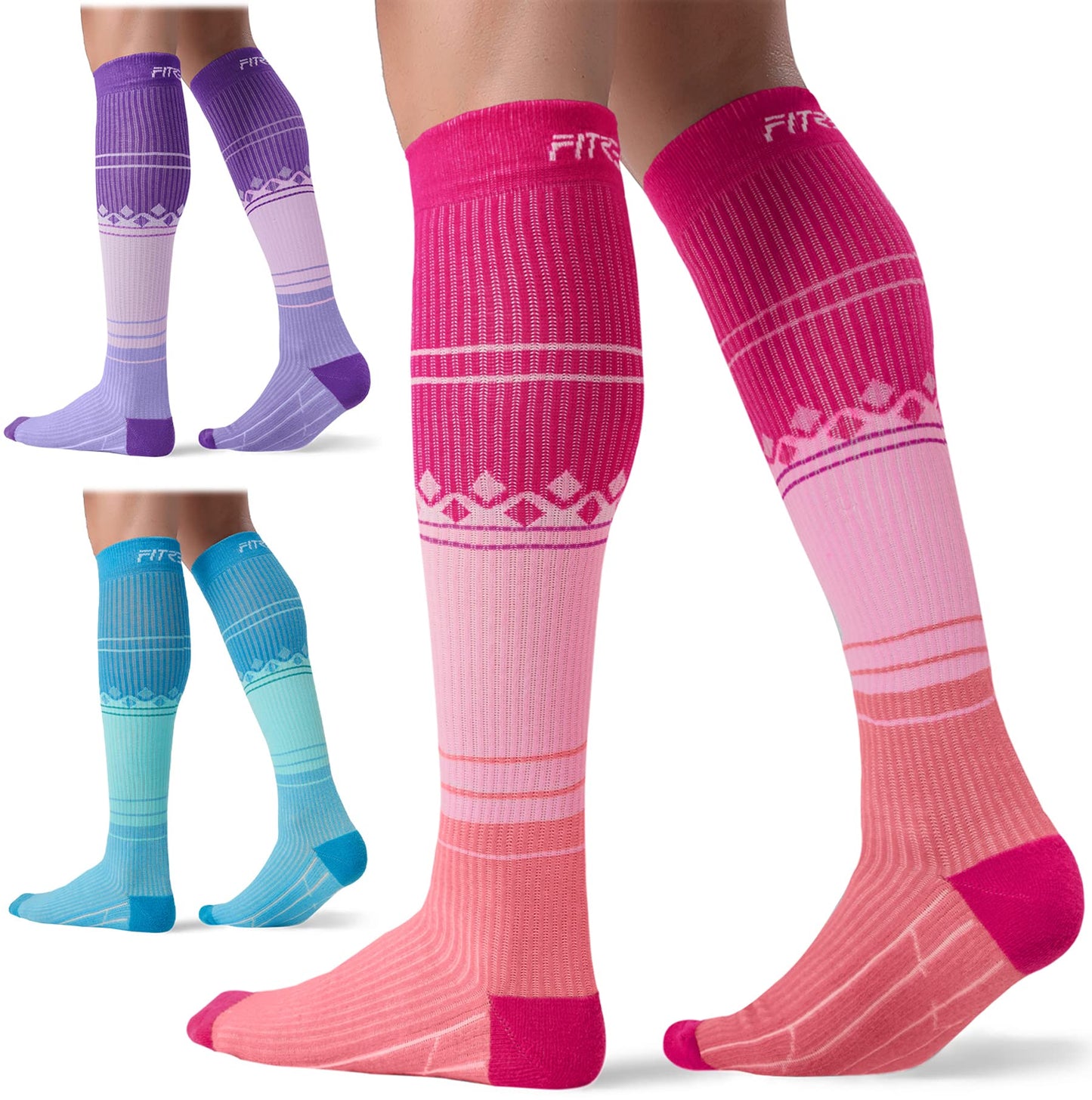 Compression Socks 20-30mmHg 3 Pairs Women Men Circulation Support Pink+purple+blue