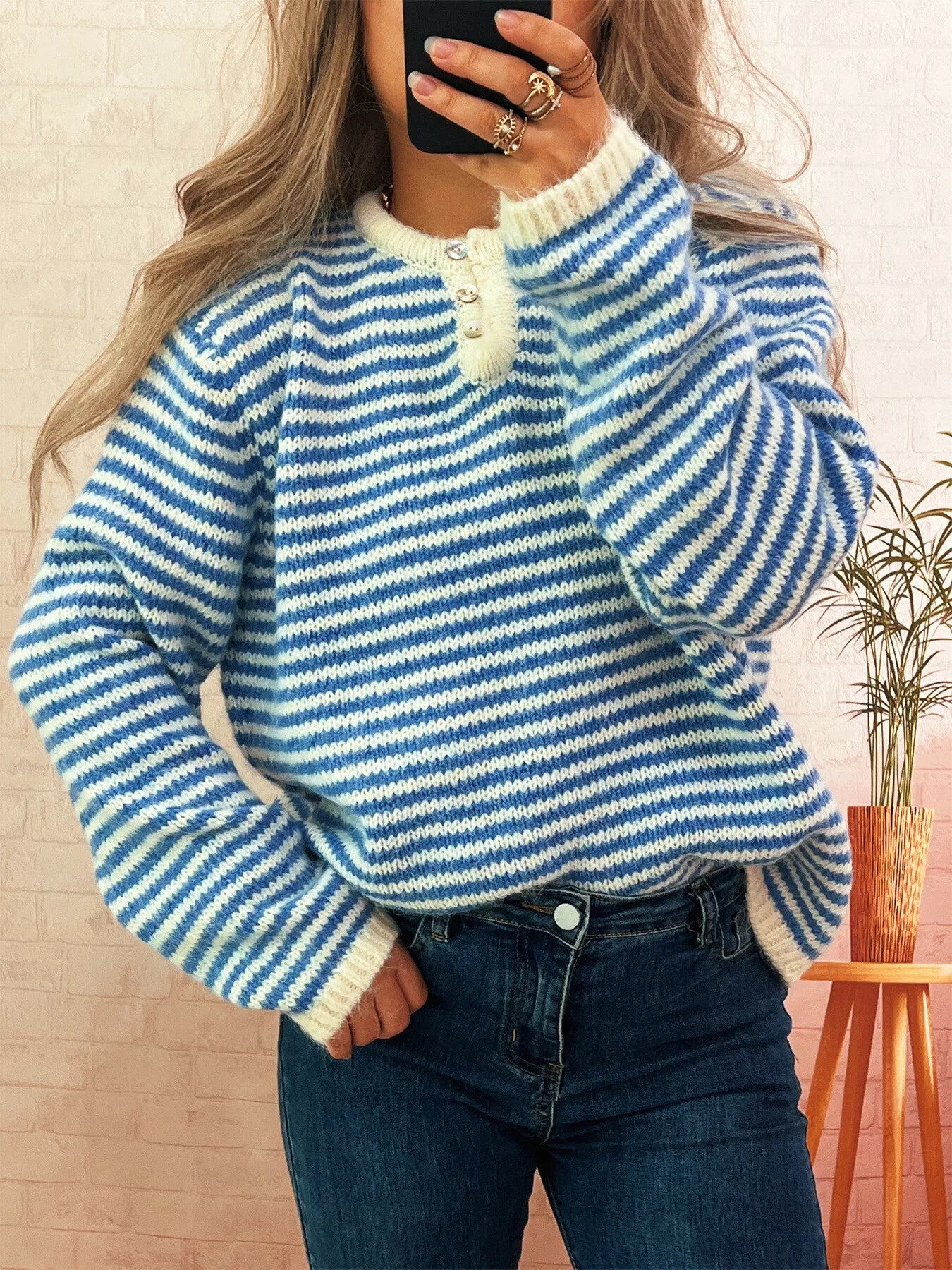 Striped Button Detail Long Sleeve Sweater