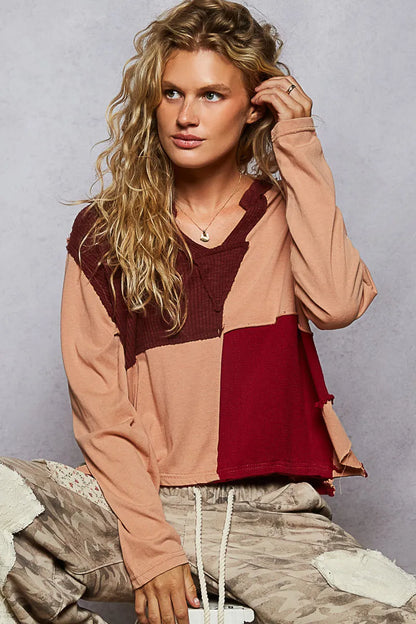 POL Color Block Notched Long Sleeve T-Shirt Burnt Coral