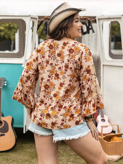 Plus Size Floral Lace Detail V-Neck Blouse