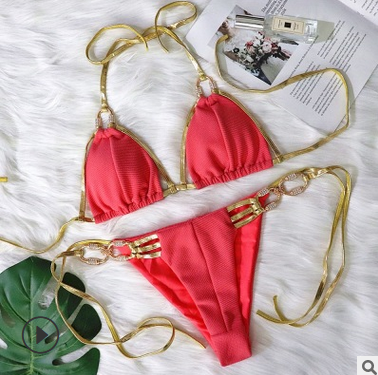Golden Bandage Sexy Halter Bikini Crystal Diamond Swimsuit Coral Red
