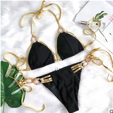 Golden Bandage Sexy Halter Bikini Crystal Diamond Swimsuit Black