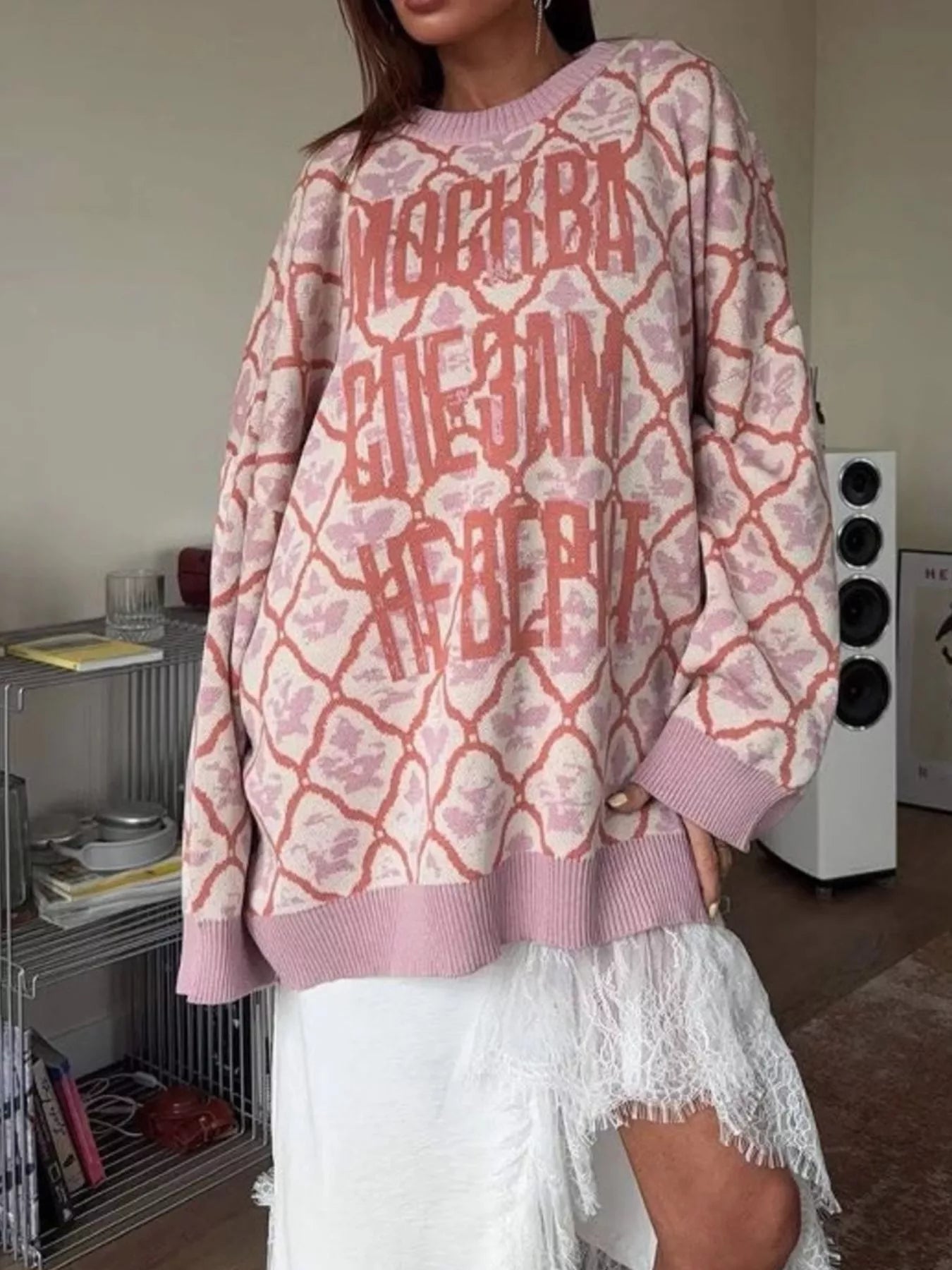 Letter Round Neck Long Sleeve Sweater