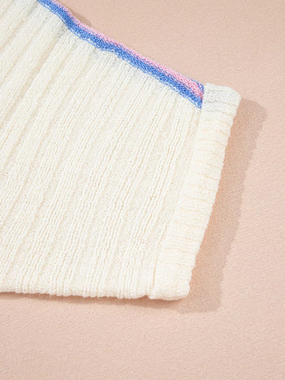 Striped V Neck Dolman Sleeve Rib Knit Oversized Sweater with Slits