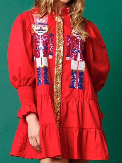 Full Size Christmas Sequin Nutcracker Tiered Shirt Dress Plus Size