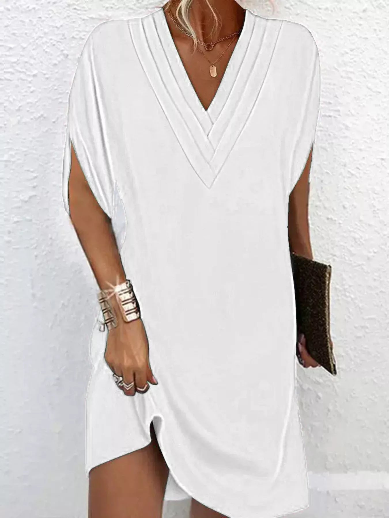 Full Size V-Neck Slit Sleeve Mini Dress Plus Size White