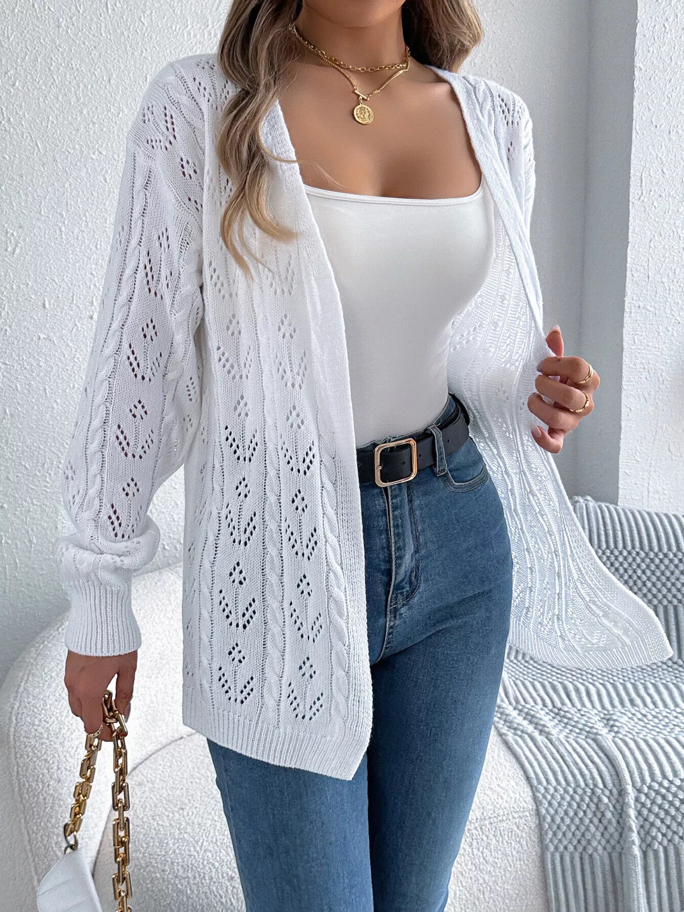 Openwork Open Front Long Sleeve Cardigan