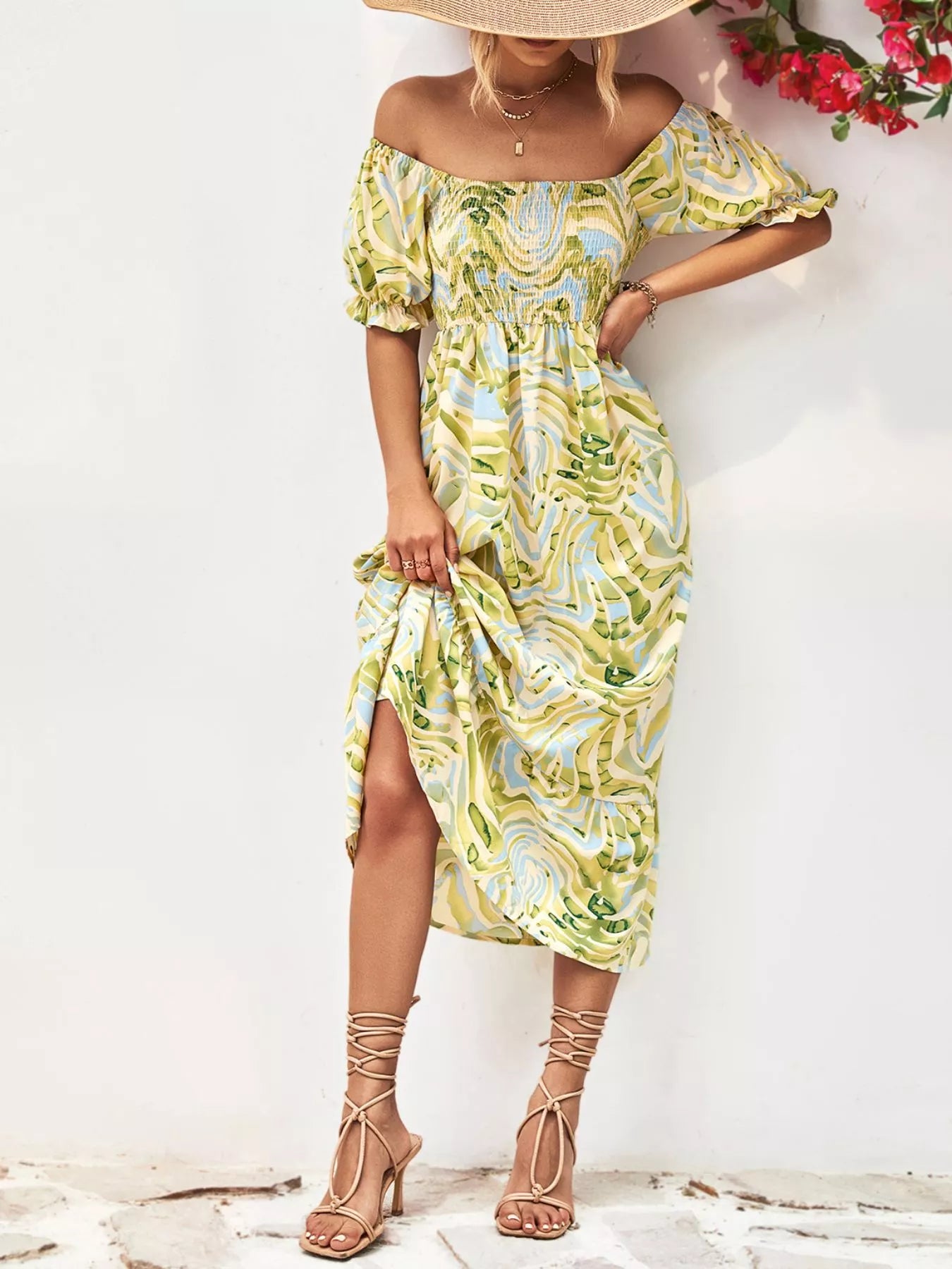 Smocked Printed Puff Sleeve Midi Dress