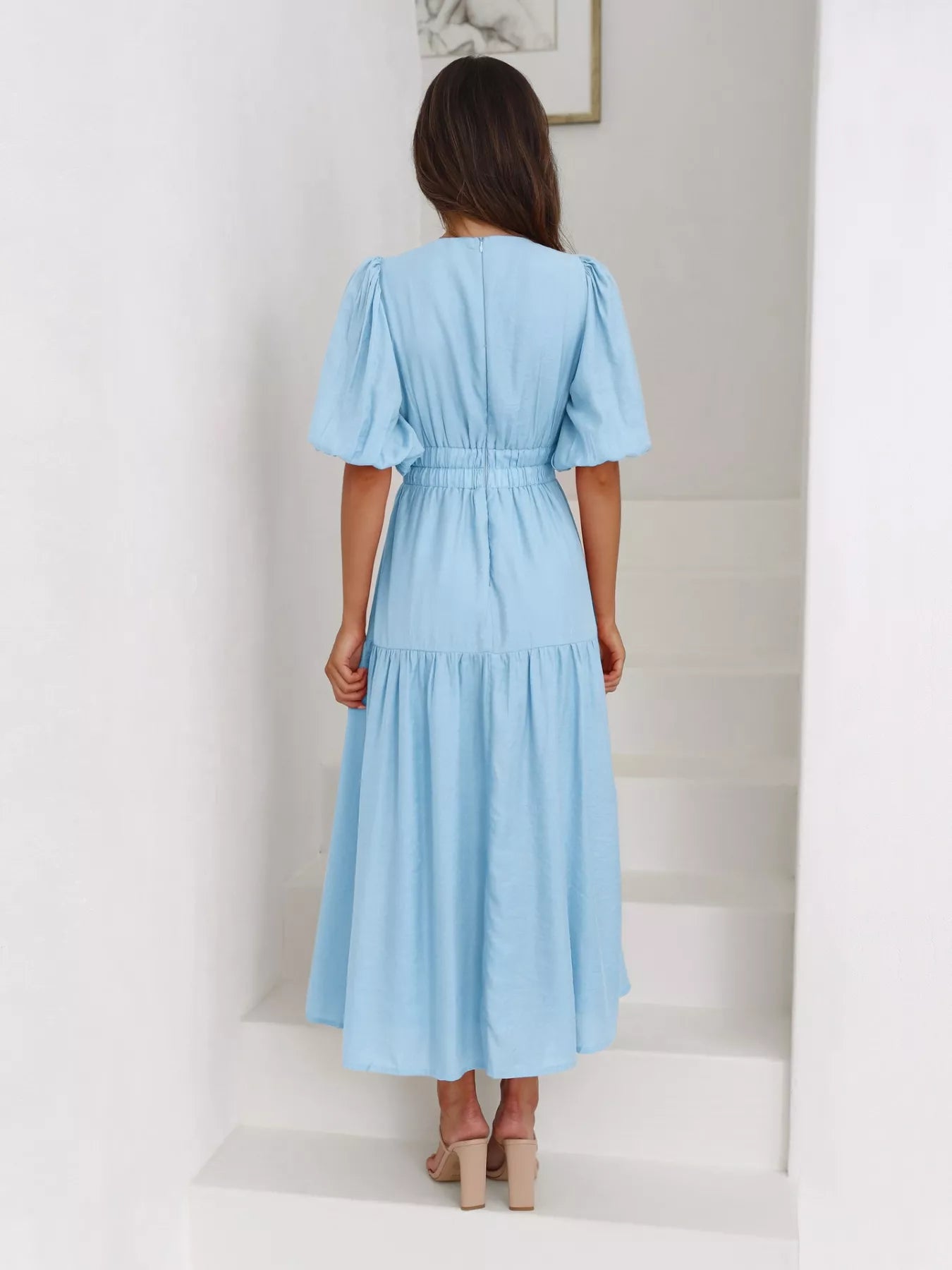 Tiered Puff Sleeve Midi Dress