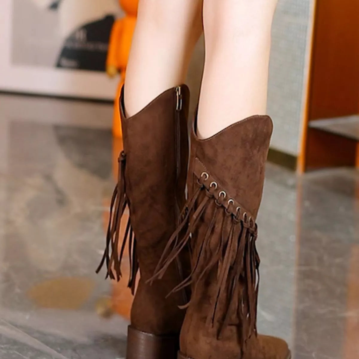 Fringed Point Toe Block Heel Boots