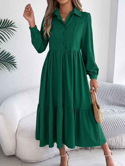 Long Sleeve Tiered Button Front Midi Dress