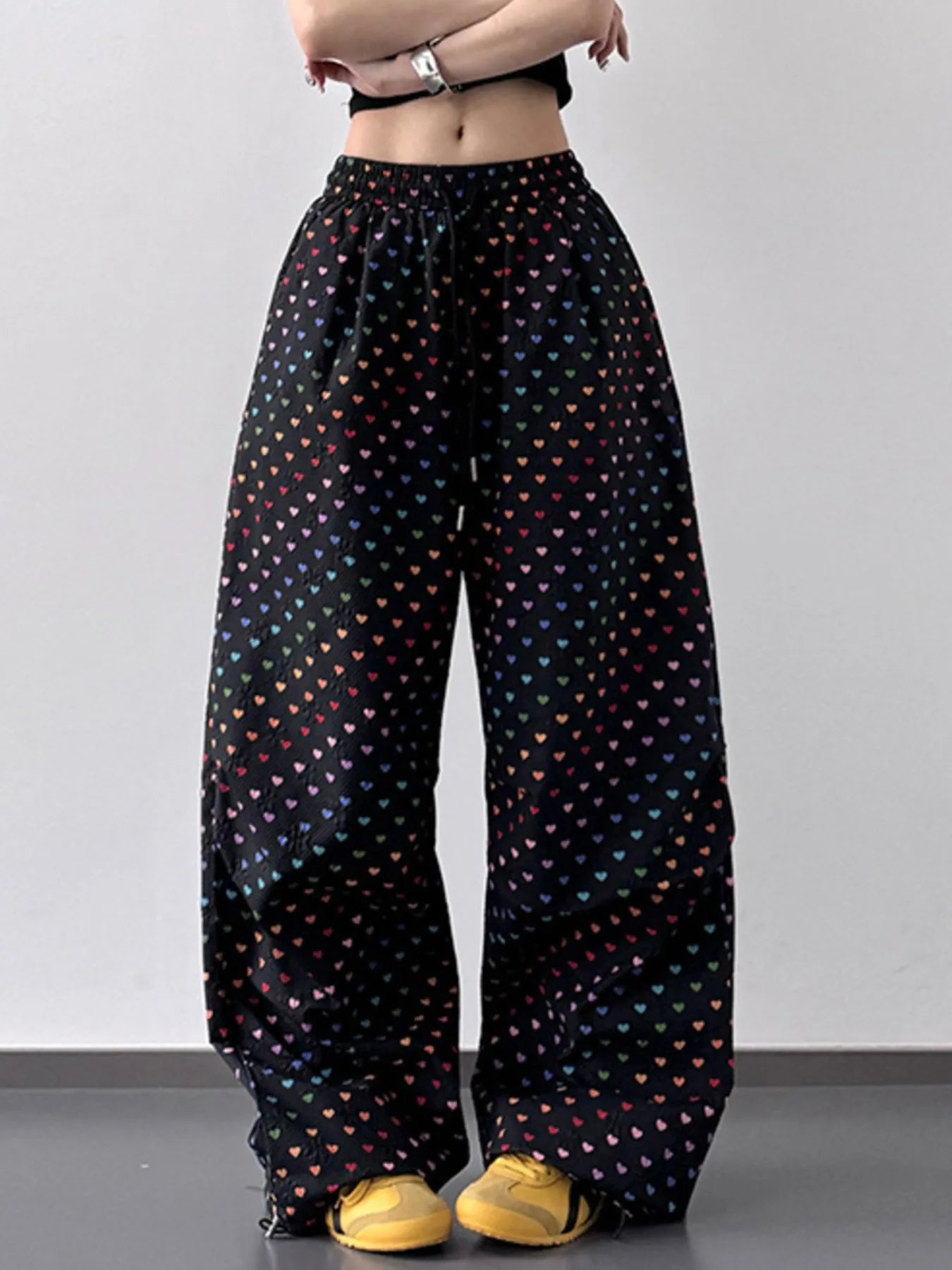 Heart Print Drawstring Wide Leg Pants