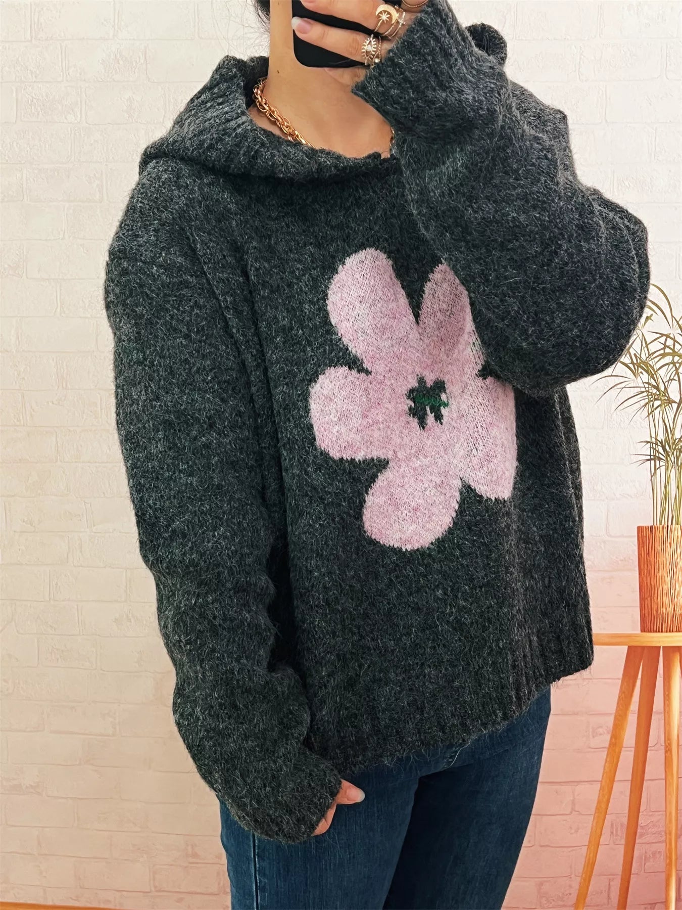 Flower Long Sleeve Hooded Sweater