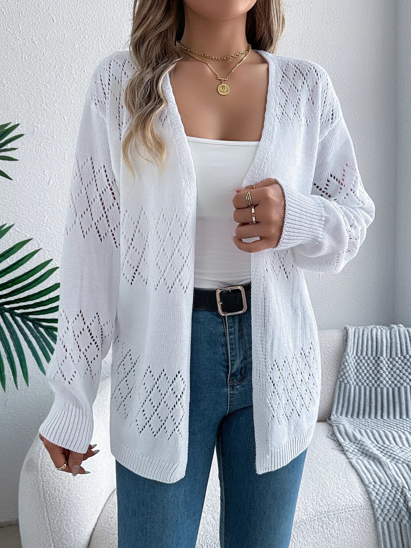 Openwork Open Front Long Sleeve Cardigan