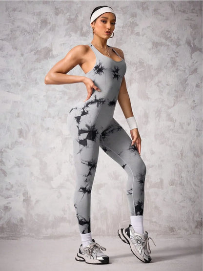 Back Crisscross Tie-Dye Scoop Neck Active Jumpsuit Gray
