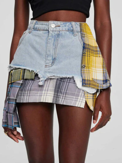 Raw Hem Denim Mini Skirt with Plaid Patch Details Light Blue