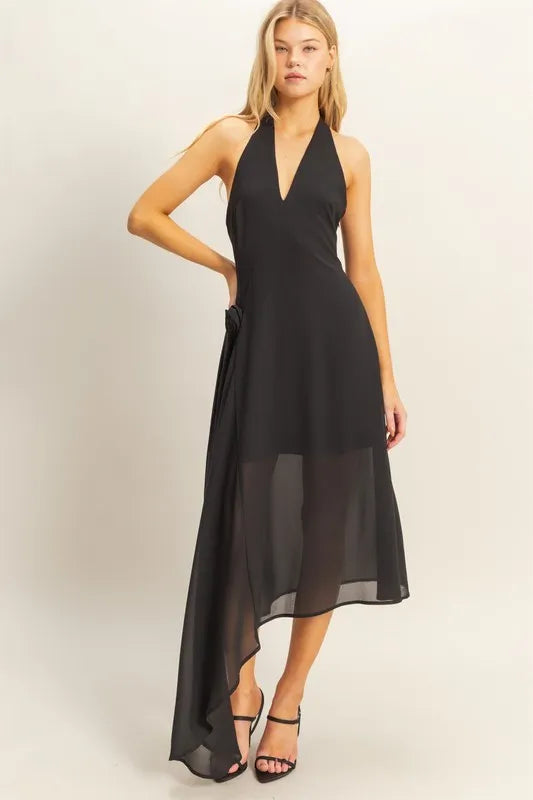 HYFVE Chiffon Halter Asymmetrical Hem Dress BLACK