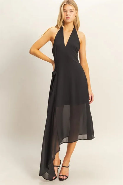 HYFVE Chiffon Halter Asymmetrical Hem Dress BLACK