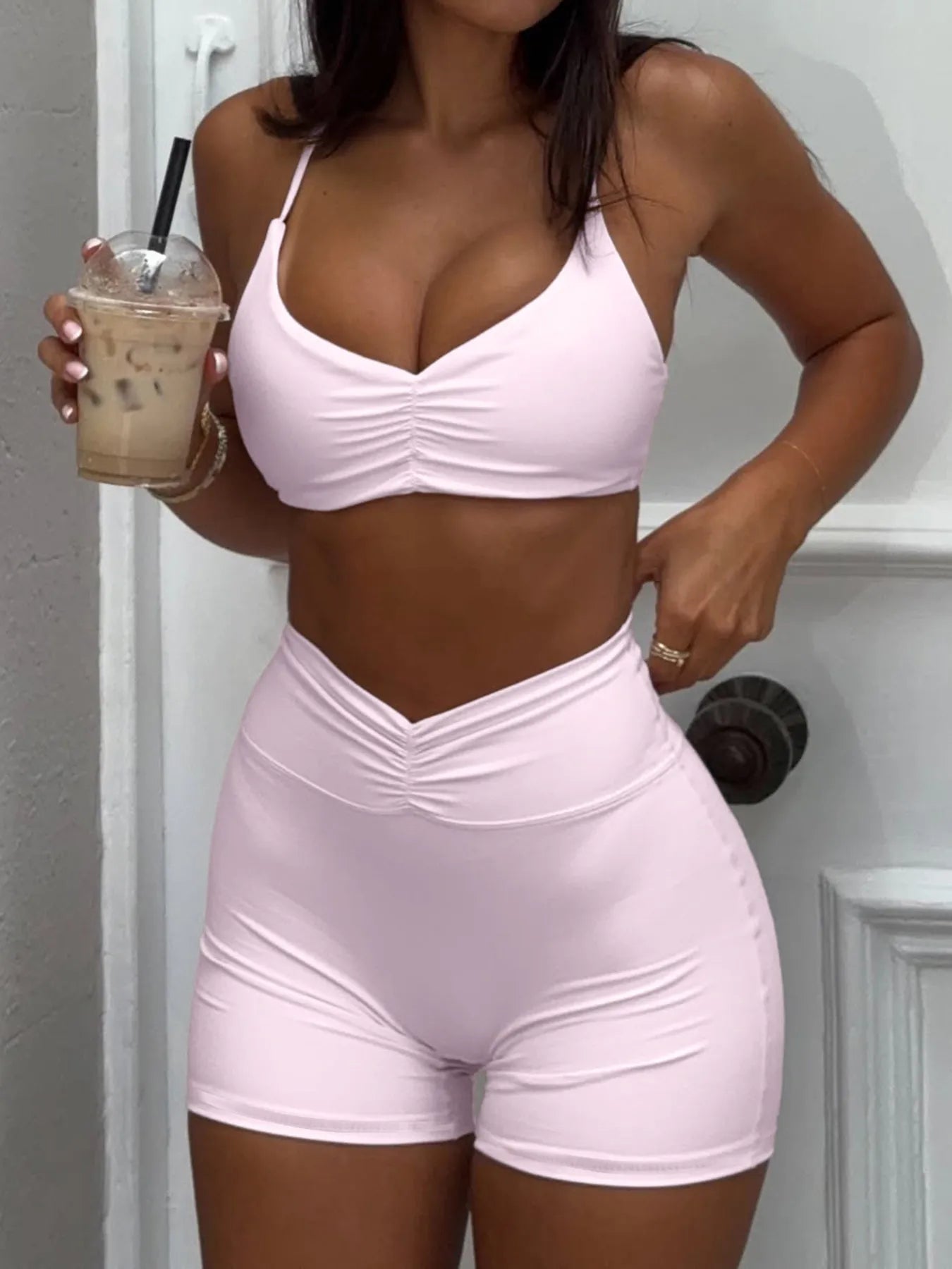 Ruched Sports Bra and High-Waisted Shorts Active Set Pink