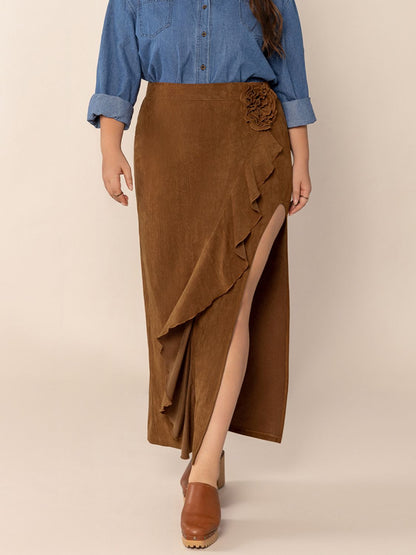 Plus Size Ruffled Slit High Rise Skirt Brown