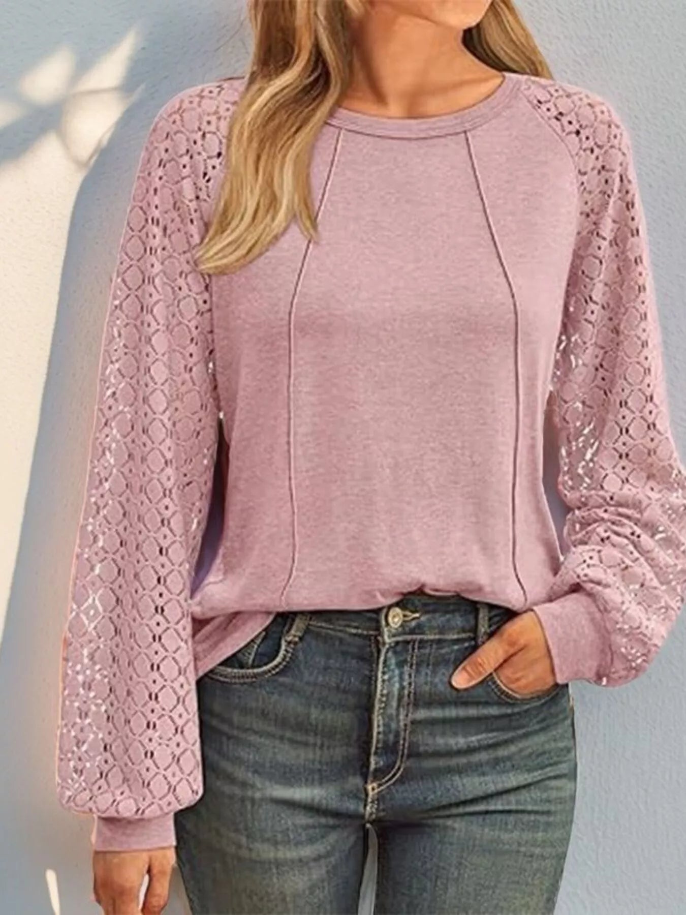Round Neck Lace Sleeve Blouse Pink