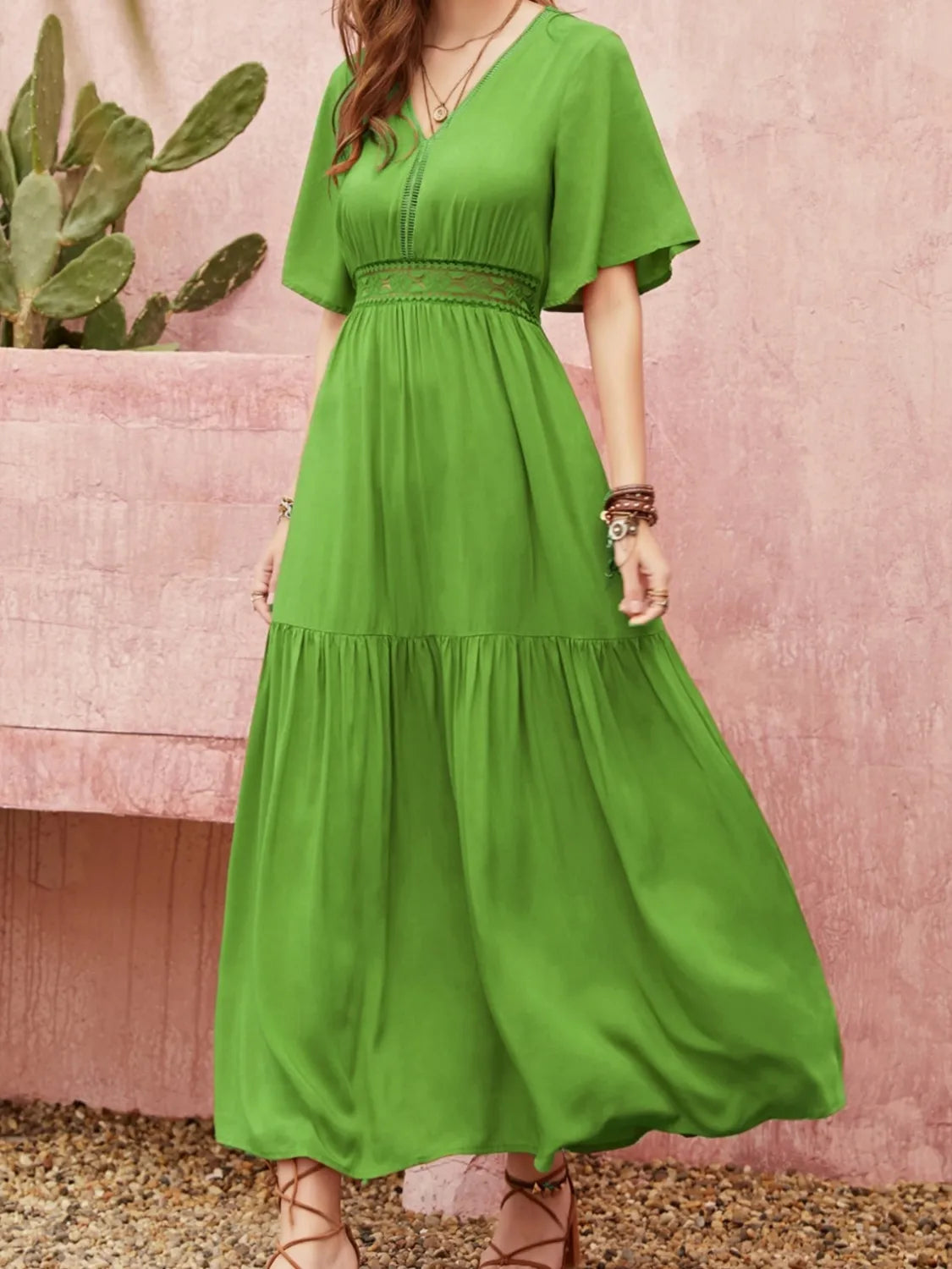 Lace Detail V-Neck Short Sleeve Dress