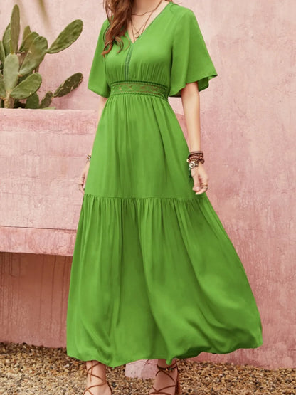 Lace Detail V-Neck Short Sleeve Dress