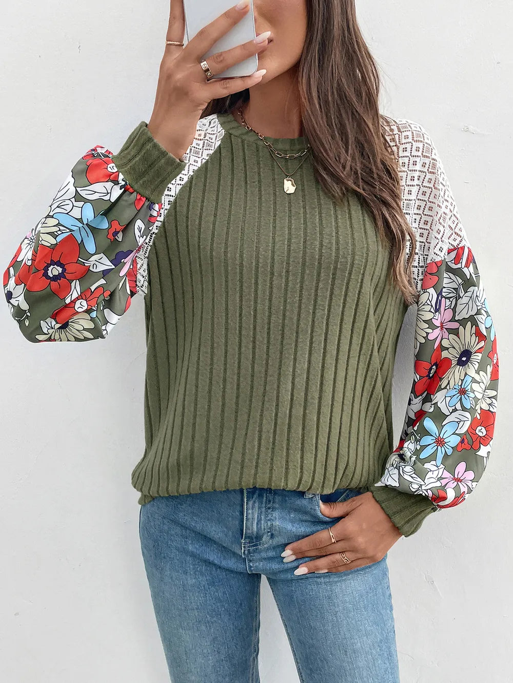 Perfee Printed Round Neck Long Sleeve Knit Top