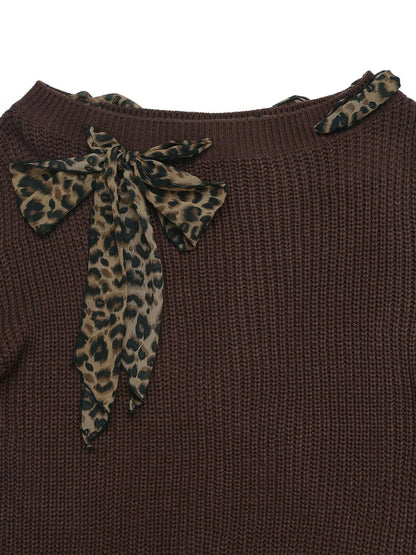Leopard Bow Dropped Shoulder Sweater