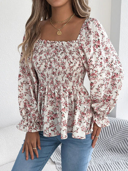 Full Size Floral Print Smocked Long Sleeve Blouse Plus Size