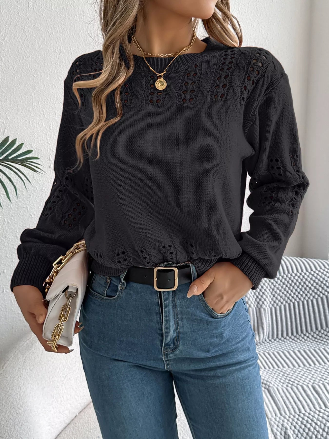 Hollow Out Eyelet Long Sleeve Sweater Black