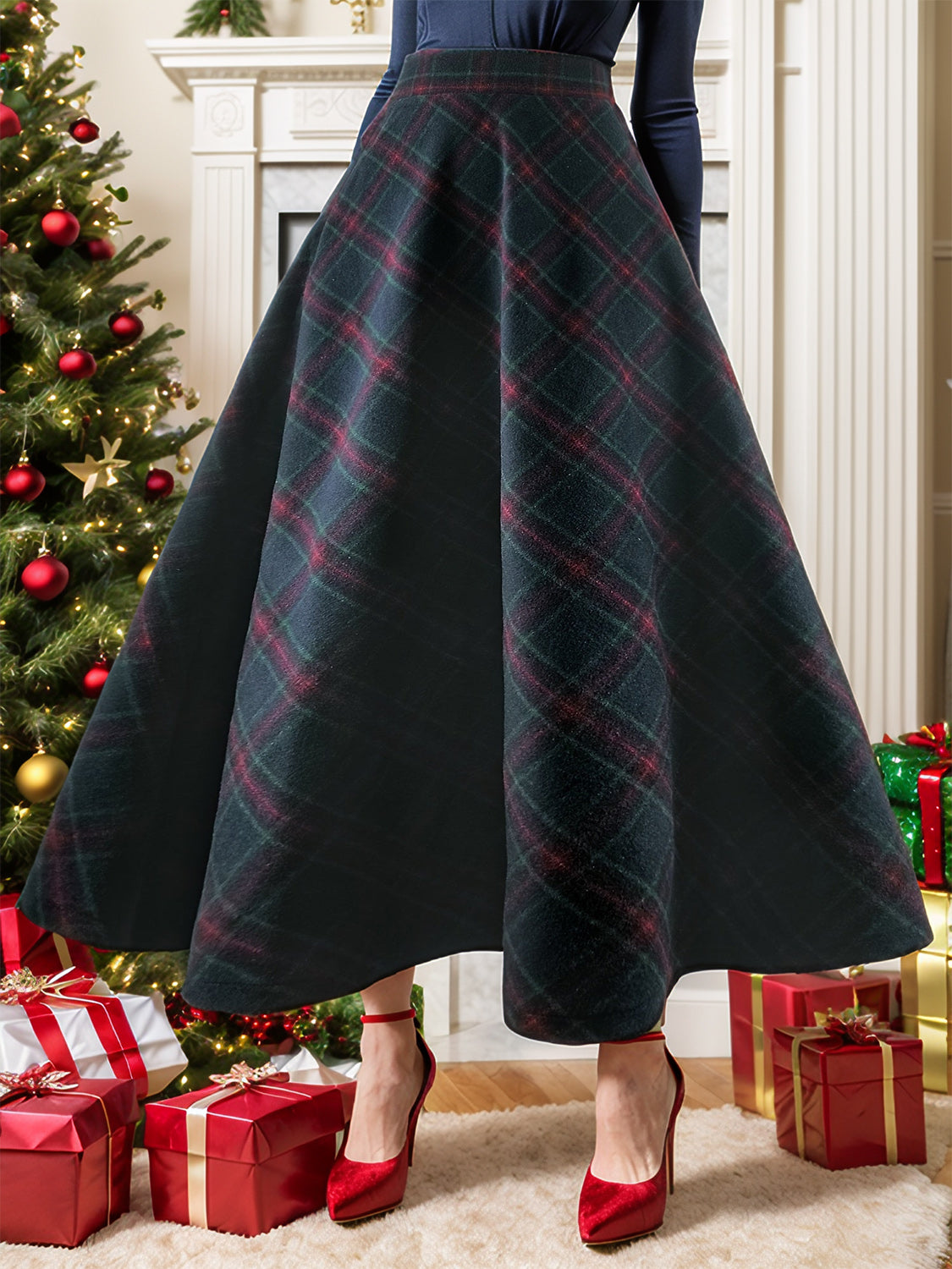 Plaid Elastic Waist Midi Skirt Dark Navy