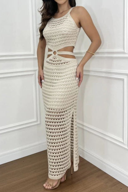 Cutout Slit Round Neck Sweater Dress Beige