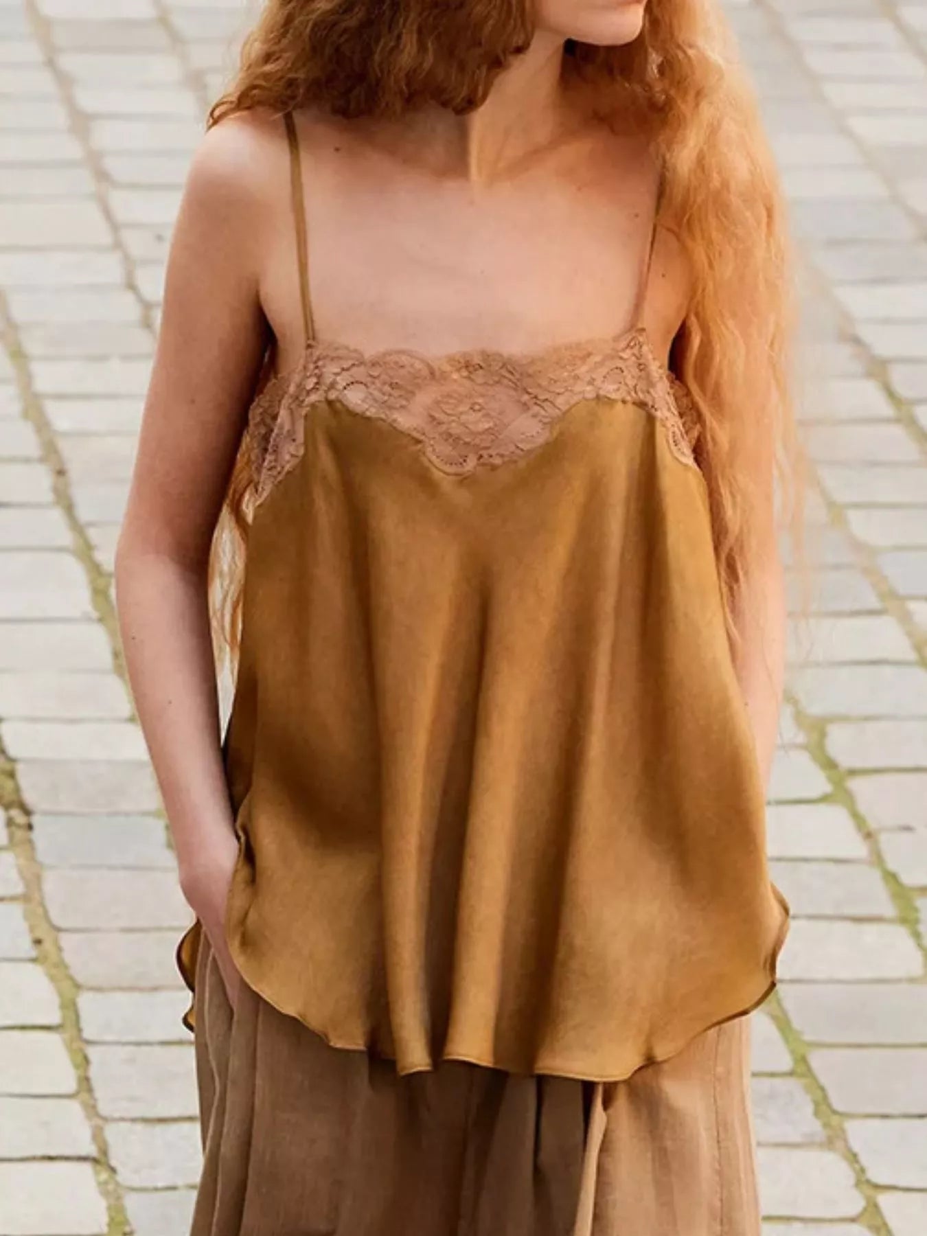 Lace Trim Flowy Cami Top Caramel