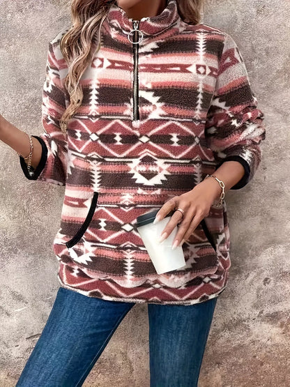 Geometric Half Zip Long Sleeve Sweatshirt Dusty Pink