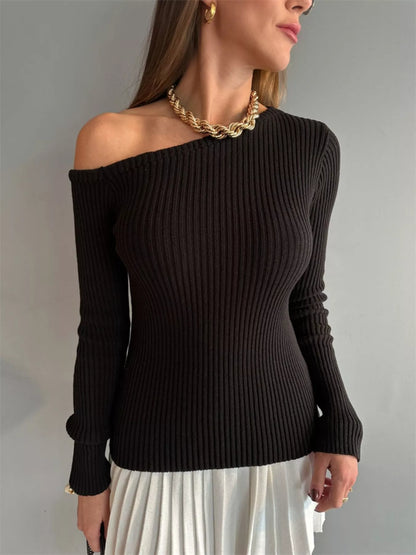 Ribbed Single Shoulder Sweater Black