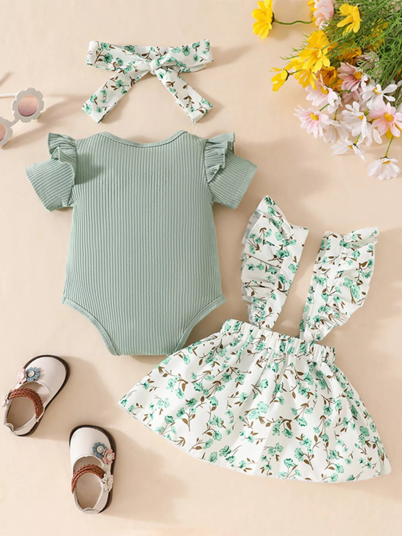 Children's Floral Print Ruffle Trim Baby Set with Headband