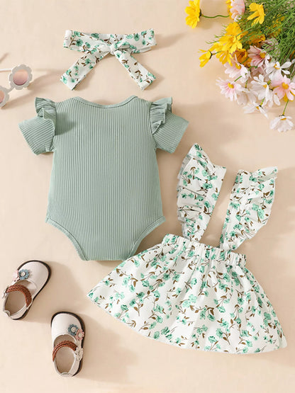 Children's Floral Print Ruffle Trim Baby Set with Headband