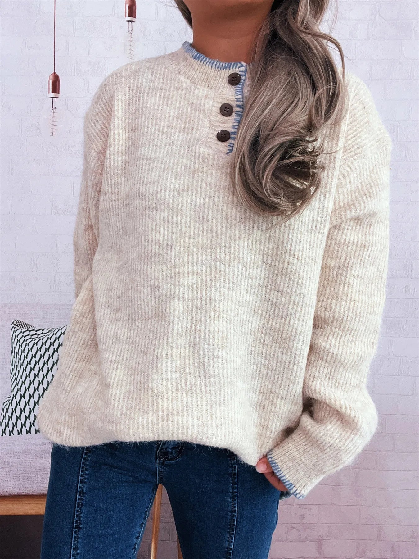 Ribbed Button Detail Long Sleeve Sweater