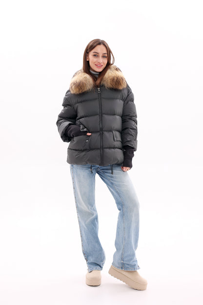 Genuine Fur Trim Down Fill Coat in Black