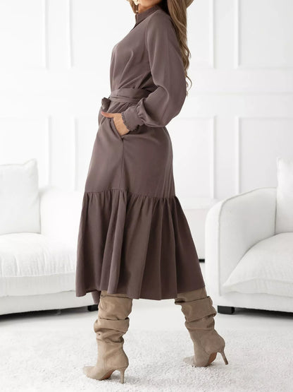 Long Sleeve Tie Waist Ruffle Hem Midi Dress