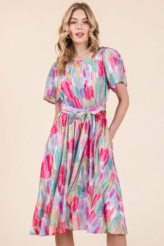 Lime 'N' Chili Watercolor Print Tie Front Midi Dress PINK COMBO