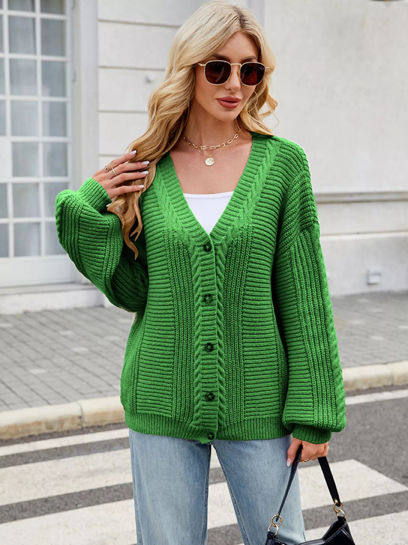 Button Up Long Sleeve Cardigan Green