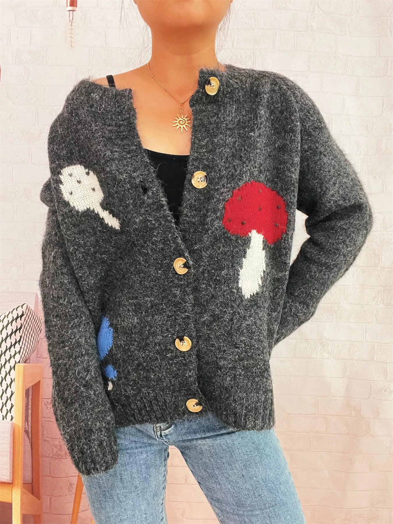 Mushroom Pattern Button-Up Cozy Knit Cardigan