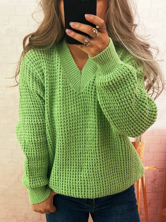 V-Neck Textured Knit Sweater Green One Size