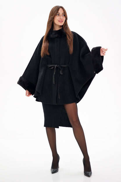 Genuine Scandinavian Mink Fur Double Face Wool Poncho Black