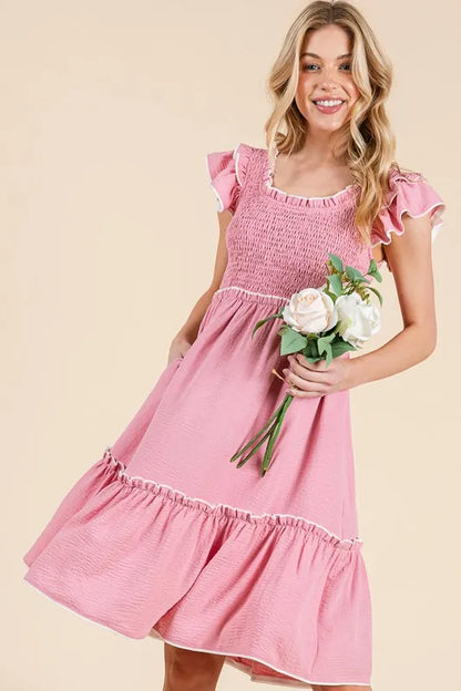 Lime 'N' Chili Ruffle Trim Smocked Dress with Contrast