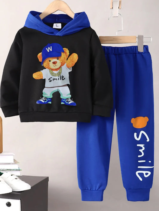 Children's Cartoon Graphic Hoodie and Pants Set Black Blue
