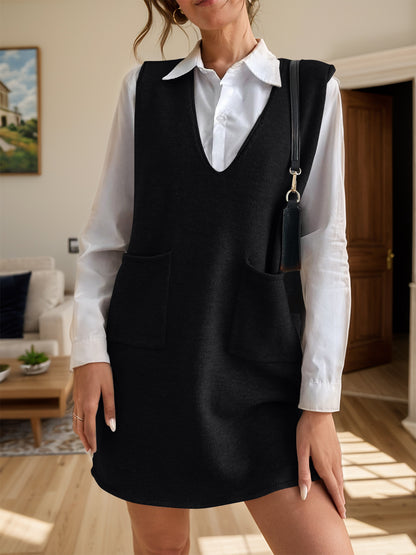 V-Neck Sleeveless Sweater Dress with Pockets Black