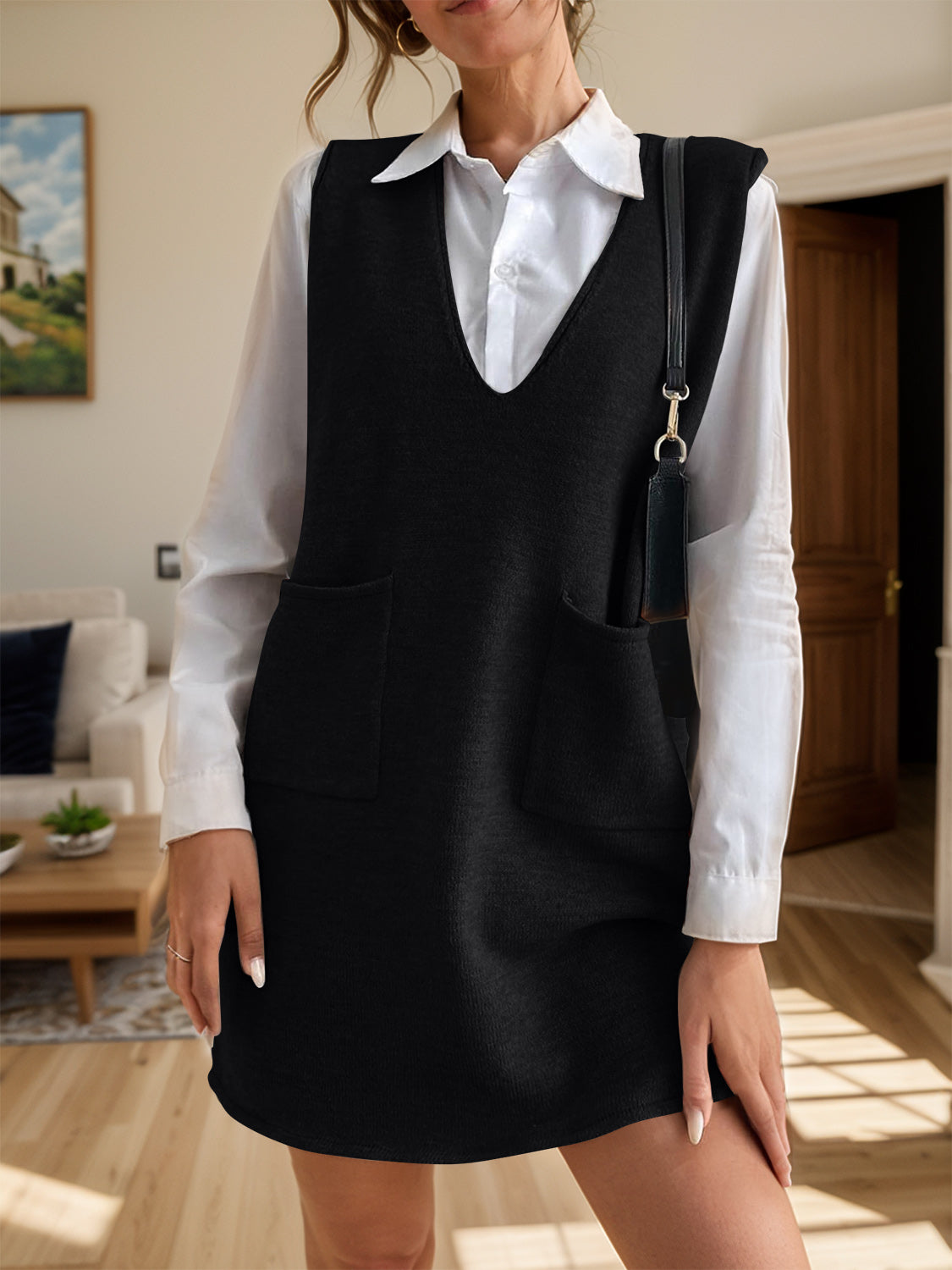 V-Neck Sleeveless Sweater Dress with Pockets Black